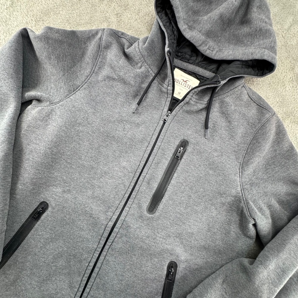 Hollister Zip Hoodie Mens Medium Gray Excellent Quilted Lined Tech Pocket 3B1878